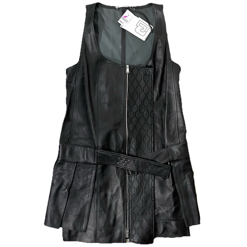 Paco Rabanne Black Leather Pleated Mini Dress